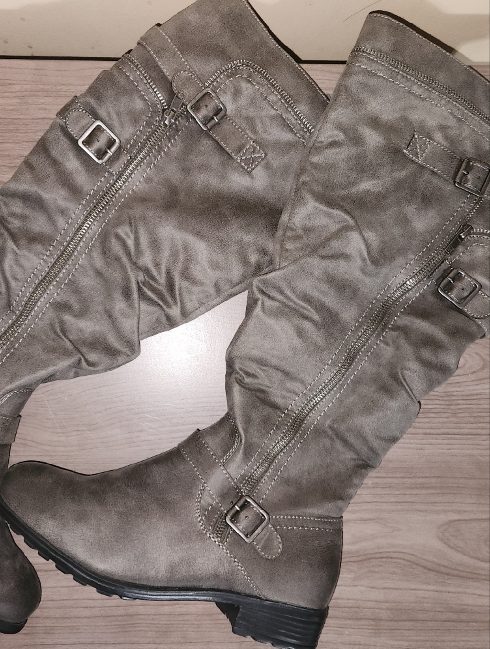 Roxy Women's Tall Buckle Combat Boots in Taupe Gray NWOT